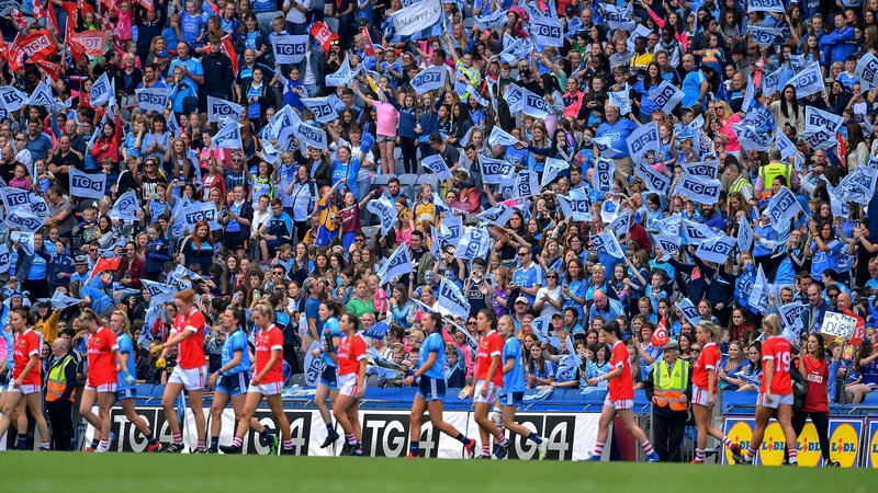 Dublin and Cork players parade at Croke Park