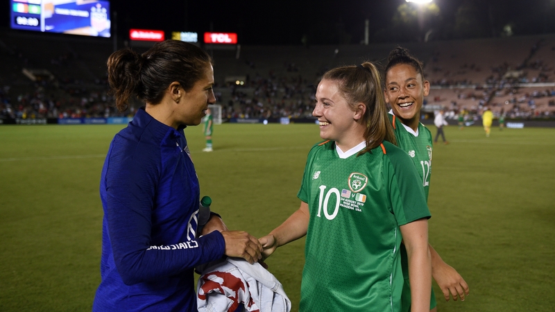 Eleanor Ryan Doyle chats to USA legend Carli Lloyd after the sides met in a friendly clash last August