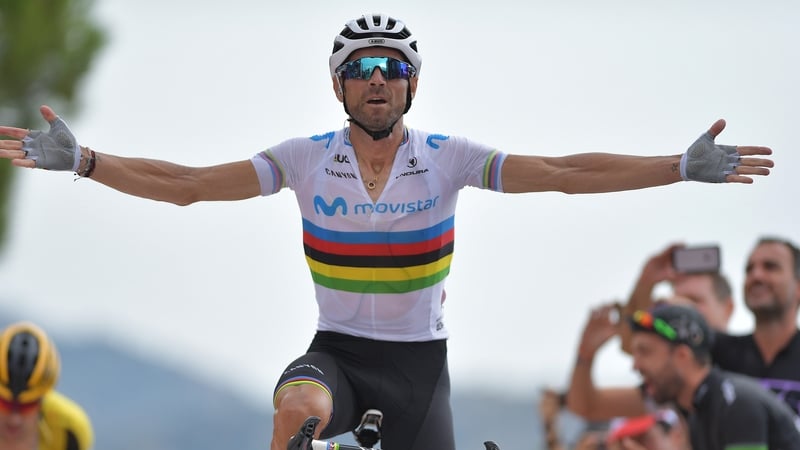 Alejandro Valverde crosses the line in Mas de la Costa