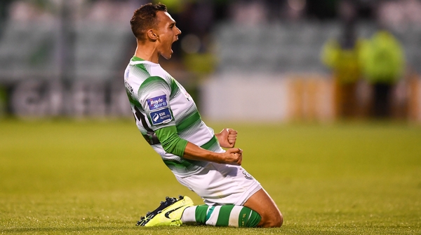 Graham Burke of Shamrock Rovers celebrates scoring the opener