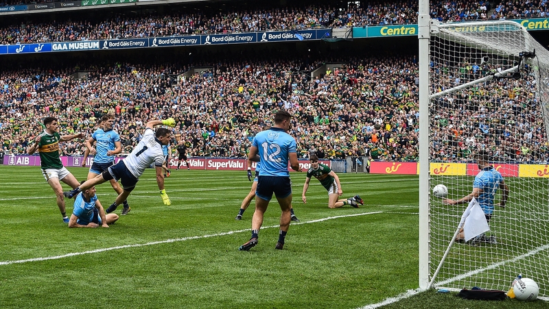 Paul Geaney has a shot blocked in the drawn game