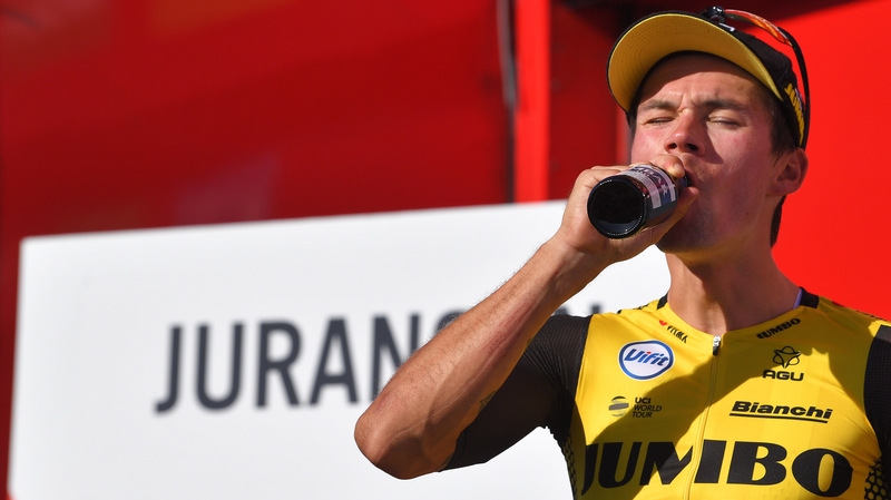 Primoz Roglic having a drink after the race
