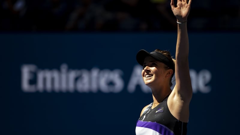Elina Svitolina of Ukraine celebrates her victory over Johanna Konta