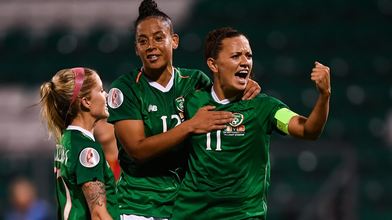 Katie McCabe celebrates her goal against Montenegro