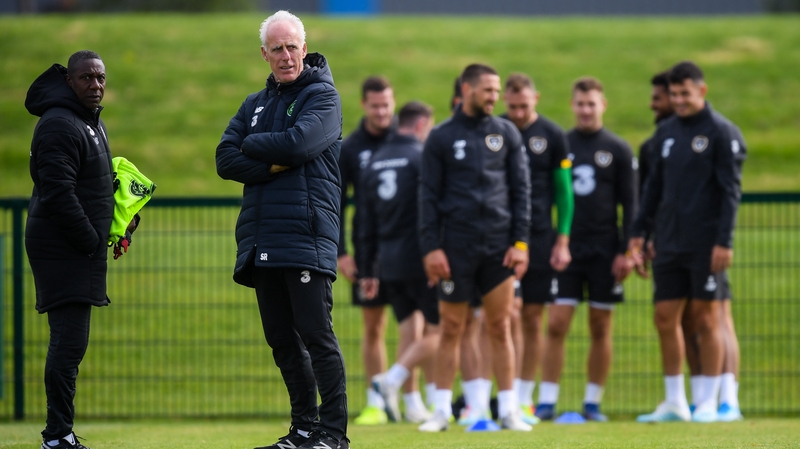 Republic of Ireland manager Mick McCarthy and assistant coach Terry Connor (L) during training on Monday