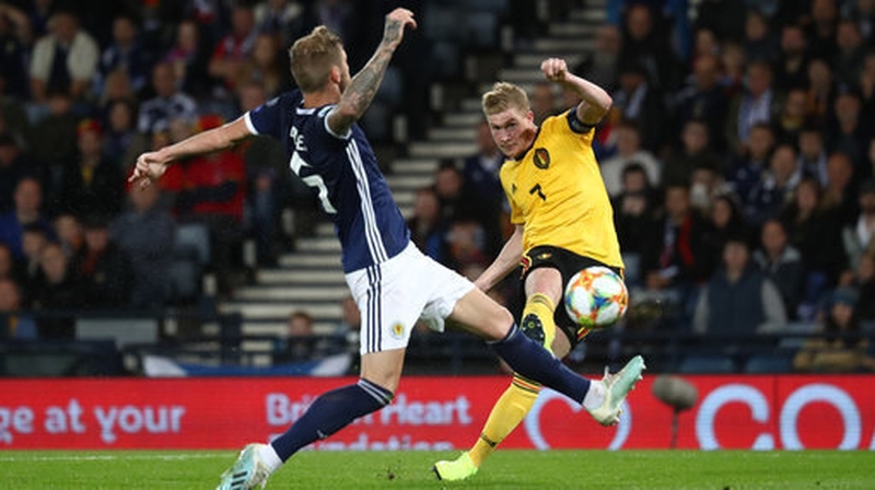 Kevin De Bruyne scoring with Belgium's fourth