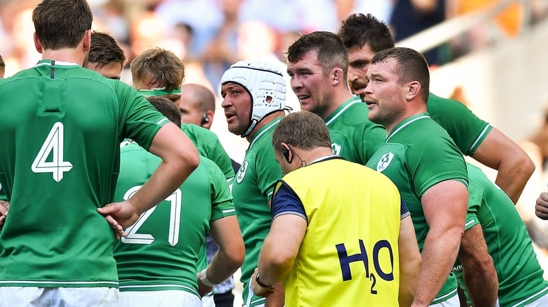 Rory Best talks to his team-mates during the record defeat to England