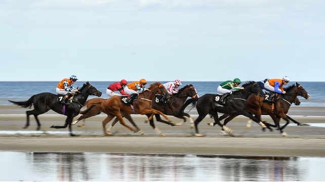 Jockeys urge their mounts along in the opener at Laytown, won by Plough Bay - swimming pre-race clearly works