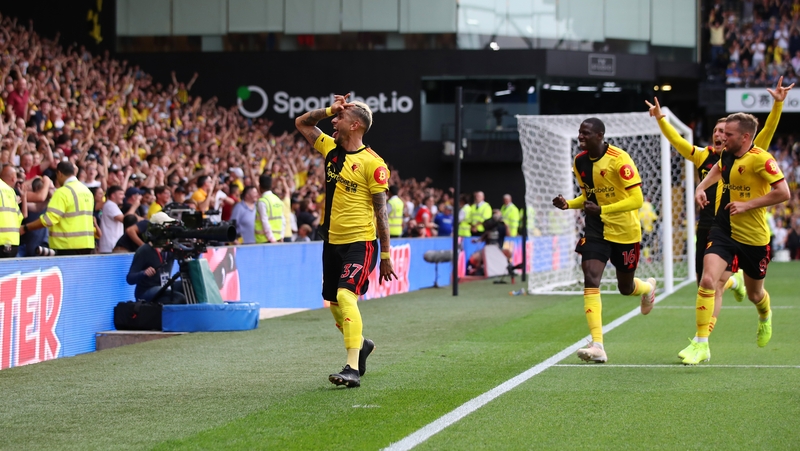 Roberto Pereyra celebrates his equaliser at Vicarage Road
