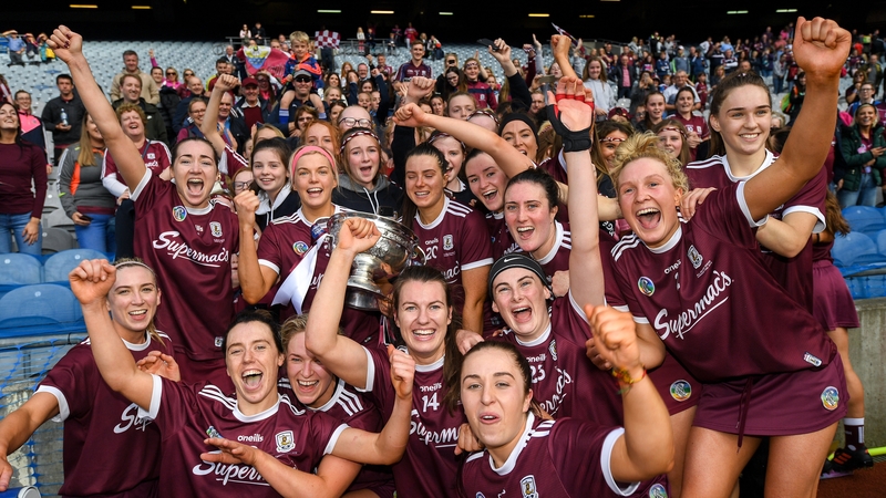 The Galway team celebrate with the O'Duffy Cup after beating Kilkenny