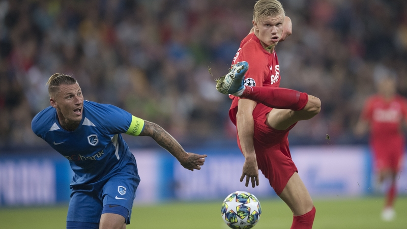 Erling Haaland (R) in action for FC Salzburg against Genk on Tuesday