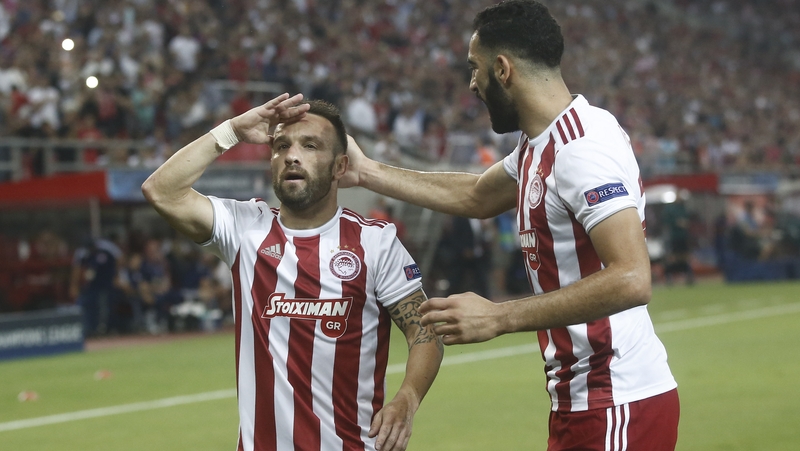 Mathieu Valbuena salutes the crowd after equalising from the spot in Piraeus