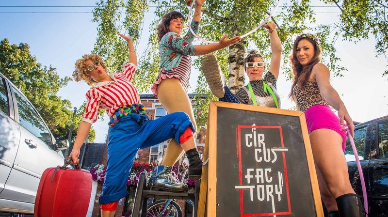 Circus Factory members Natasha Bourke, Kate Mitchell, Édaein Samuel and Karen Dunn warming up for Pitch'd Circus & Street Arts Festival