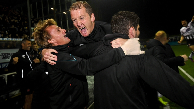 A jubilant Vinny Perth reacts to the full-time whistle at Oriel Park