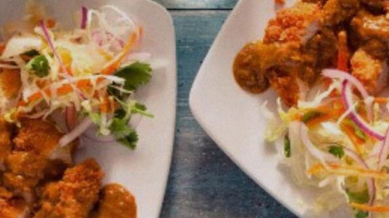 Panko breadcrumb chicken and butternut squash with katsu curry sauce and served with rice.