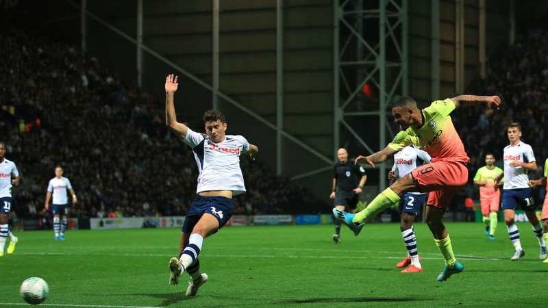 Gabriel Jesus scores Manchester City's second goal of the night at Deepdale