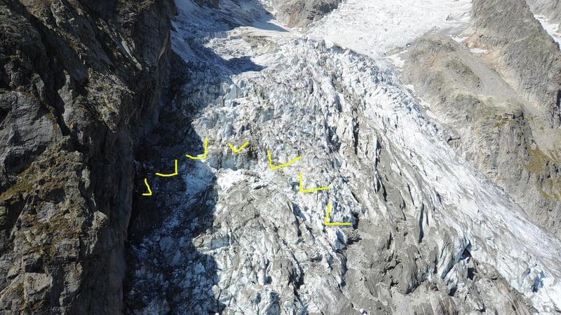 The area of the glacier at risk of collapse has been marked in yellow by Courmayeur officials