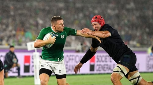 Scottish lock Grant Gilchrist tries to prevent Andrew Conway scoring Ireland's fourth try in Sunday's 27-3 loss