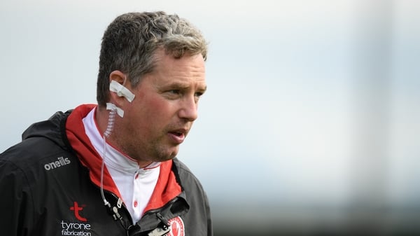 Gavin Devlin on the sideline with Tyrone's seniors in 2019