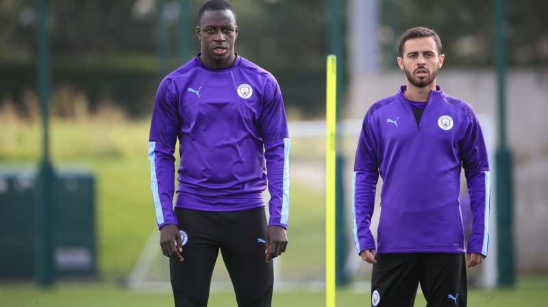 Benamin Mendy (L) and Bernardo Silva at Manchester City training