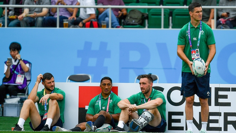 (From L): Robbie Henshaw, Bundee Aki, Jack Conan and Jonathan Sexton look on prior to Ireland's defeat to Japan
