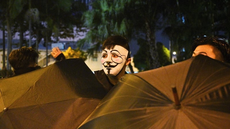 A protester wearing a mask in the Wanchai district in Hong Kong