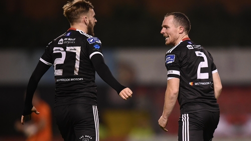 Bohemians' Derek Pender celebrates his goal with Luke Wade-Slater
