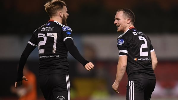 Bohemians' Derek Pender celebrates his goal with Luke Wade-Slater