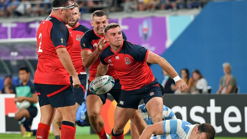 England's George Ford celebrates scoring his sides fourth try