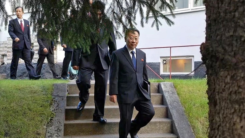 North Korean delegates at the talks in Sweden