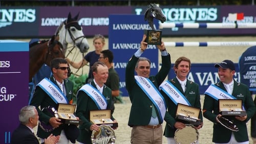 Paul O'Shea, Peter Moloney, Rodrigo Pessoa, Darragh Kenny and Cian O'Connor stand on the podium