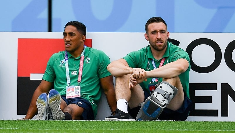 Jack Conan (R) and Bundee Aki pictured prior to Ireland's World Cup defeat to Japan