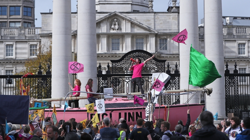 Protesters outside Government Buildings during an Extinction Rebellion demonstration in Dublin