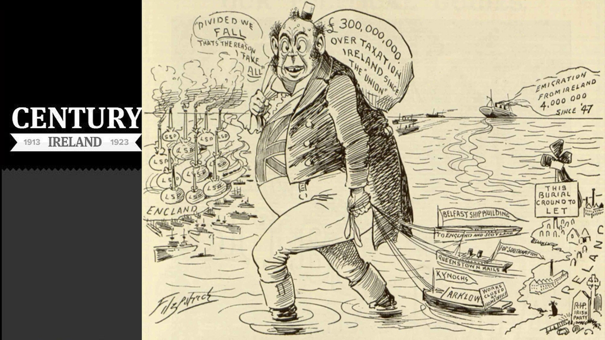 A cartoon from the satirical 'Lepracaun', July 1907, highlighting perceived economic injustices inflicted on Ireland by England
Photo: DigitalLibrary@Villanova University