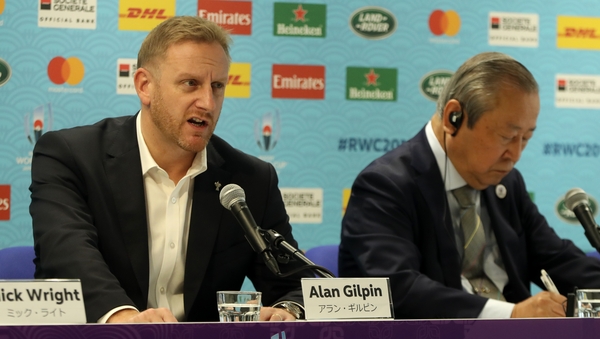 World Rugby's Alan Gilpin announcing the cancellation of two World Cup pool games this morning