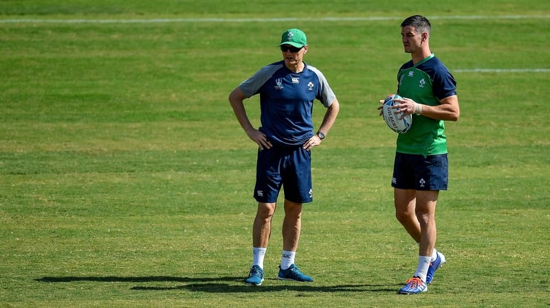 Ireland head coach Joe Schmidt (L) and Jonathan Sexton during the Captain's Run at Hakatanomori Stadium on Friday