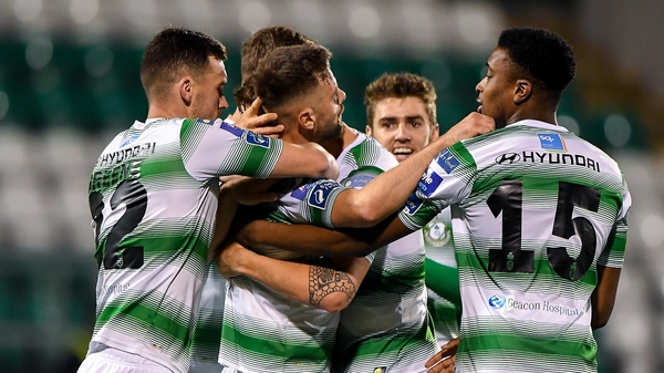 Rovers players celebrate Bolger's winner