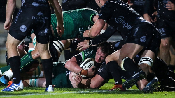 Connacht's Gavin Thornbury crosses the line at Rodney Parade