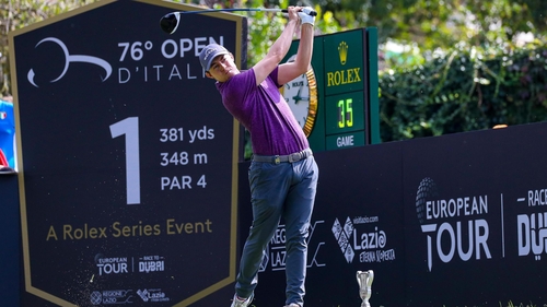 Matthew Fitzpatrick tees off on the fourth hole in Rome