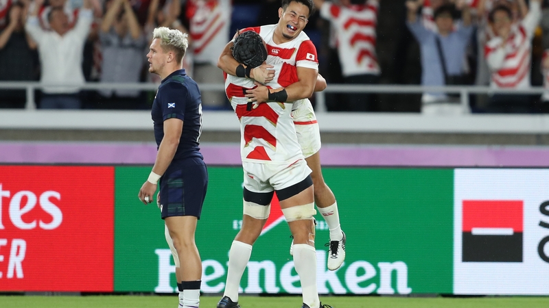 Japan's Kenki Fukuoka celebrates scoring his sides third try
