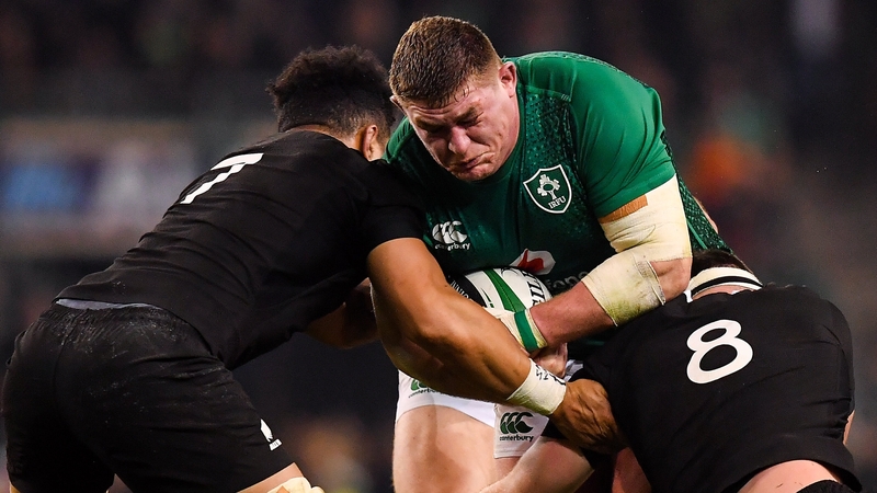 Tadhg Furlong carries into Ardie Savea and Kieran Read in Ireland's November 2018 clash with New Zealand