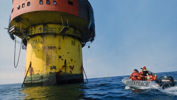 Greenpeace activists occupy Brent Spar, disused Shell oil platform