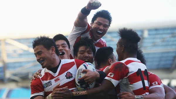 Japan celebrate their famous win against the Springboks at the 2015 Rugby World Cup