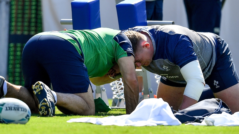 Greg Feek goes through the motions with Tadhg Furlong during training at Shirouzuoike Park in Fukuoka.