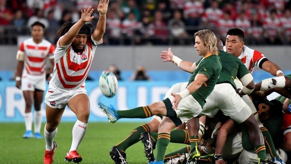 Faf de Klerk clears his lines against Japan