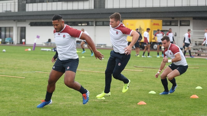 Manu Tuilagi (left), Owen Farrell (centre) and George Ford training ahead of the semi-final
