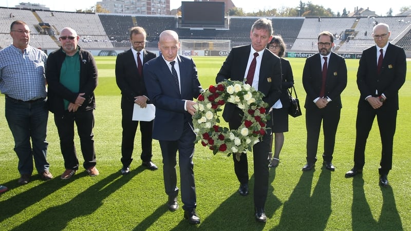 Ed Woodward, Bryan Robson, Mickey Thomas and members staff of Manchester United attend a ceremony to remember the victims of the Munich Air Disaster