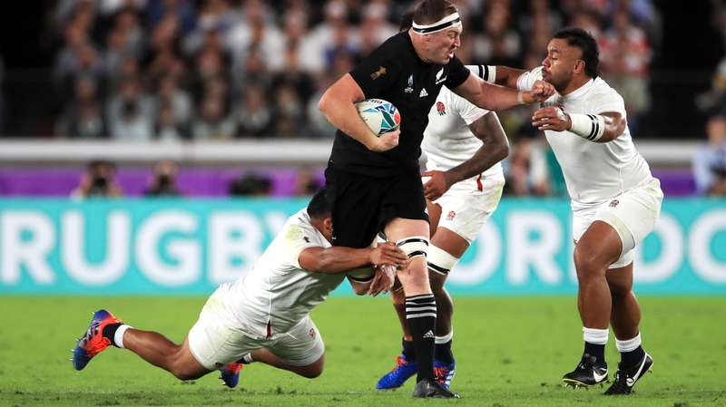 Billy Vunipola and two of his England team-mates swarm around New Zealand's Brodie Retallick