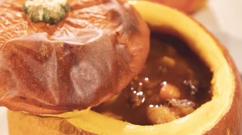 Beef & Pumpkin Casserole served in a pumpkin!
