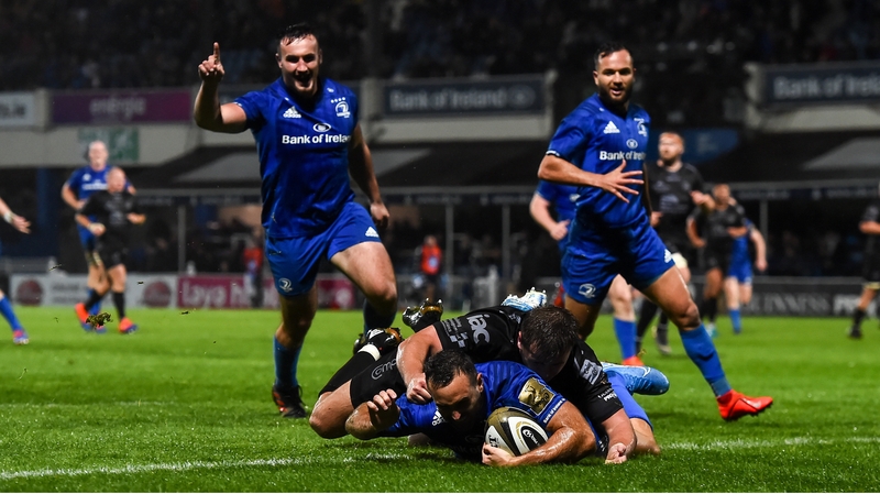 Dave Kearney of Leinster scores a try at the RDS